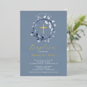 Blue Leaf Boys Baptism Folie Invitation Uitnodiging (Staand Voorkant)
