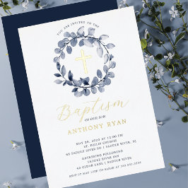 Blue Leaf Boys Baptism Folie Invitation Uitnodiging