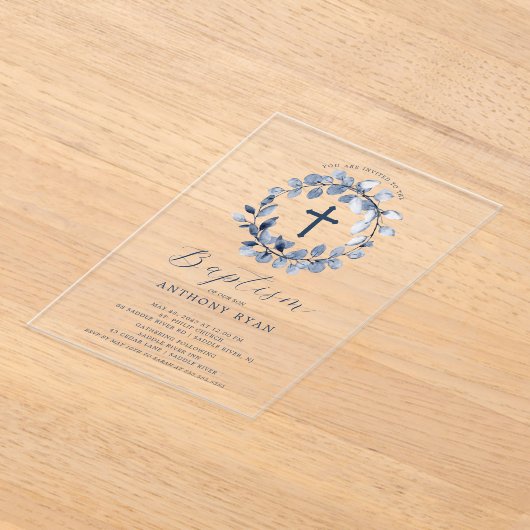Blue Leaf Boys Baptisme Invitation Acryl Uitnodigingen (Laagn)