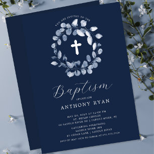 Blue Leaf Boys Baptisme Invitation Kaart
