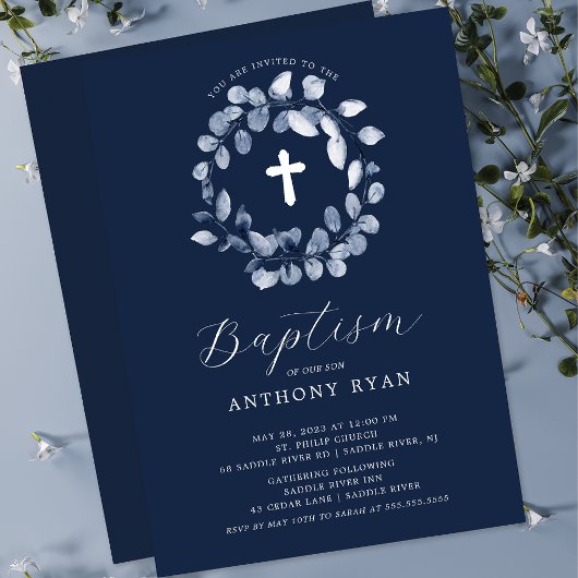 Blue Leaf Boys Baptisme Invitation Kaart
