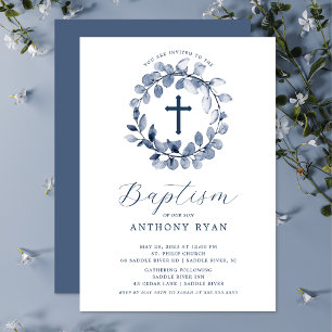 Blue Leaf Boys Baptisme Invitation Kaart