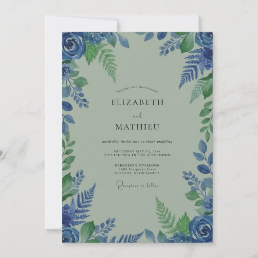 Blue Leaf Flourish Bruiloft Kaart (Voorkant)