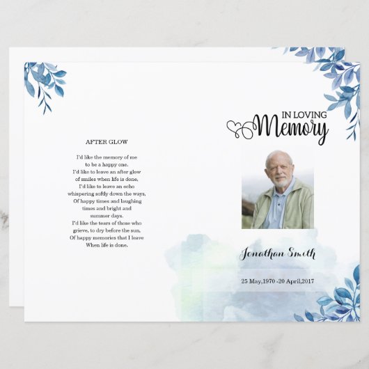 Blue leaf Funeral Program sjabloon (Voorkant / Achterkant)