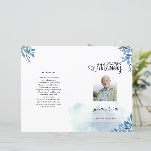 Blue leaf Funeral Program sjabloon (Staand voorkant)