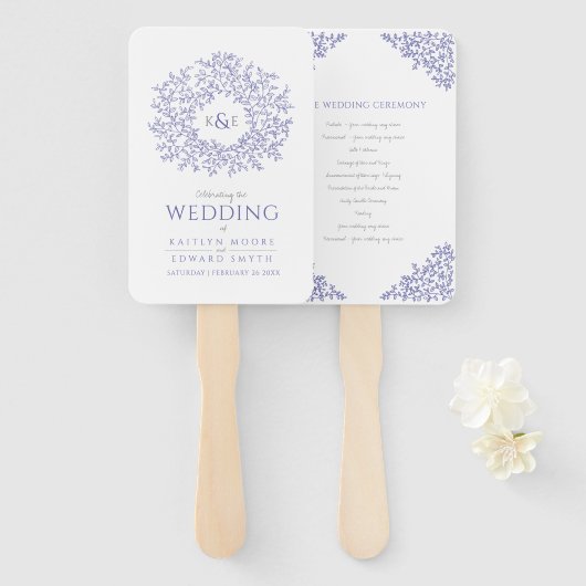 blue leaf monogram voor bruiloft handwaaier (Voorkant en achterkant)