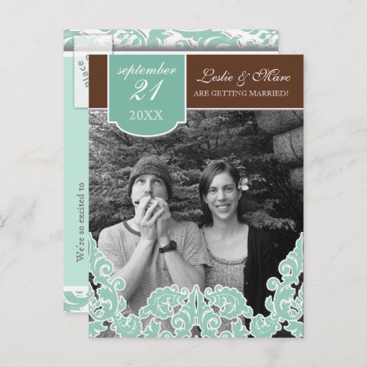 Blue Leaf Swirl Damask 2 De datum opslaan Aankondigingskaart (Voorkant / Achterkant)