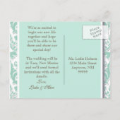 Blue Leaf Swirl Damask 2 De datum opslaan Aankondigingskaart (Achterkant)