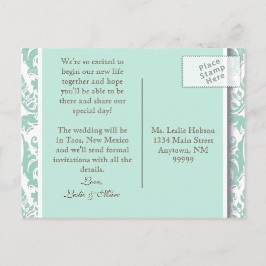 Blue Leaf Swirl Damask 2 De datum opslaan Aankondigingskaart (Achterkant)