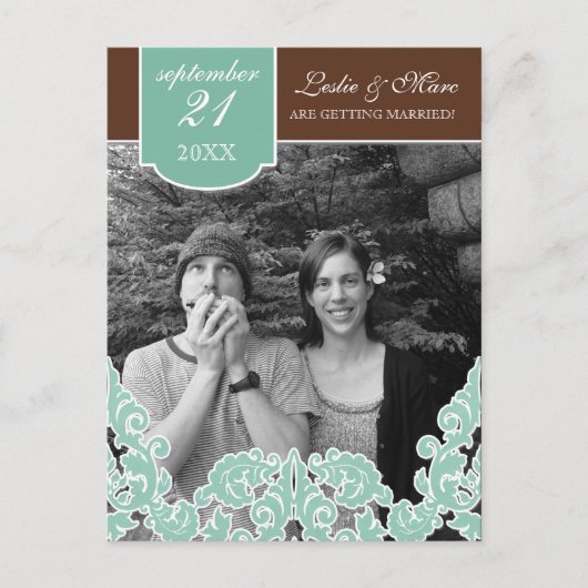 Blue Leaf Swirl Damask 2 De datum opslaan Aankondigingskaart (Voorkant)