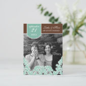 Blue Leaf Swirl Damask 2 De datum opslaan Aankondigingskaart (Staand voorkant)