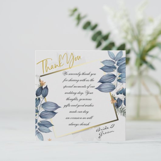 Blue Leaf Wedding Bedankkaart (Staand voorkant)