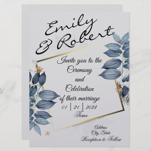 Blue Leaf Wedding Invitations Kaart (Voorkant / Achterkant)