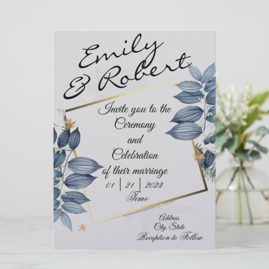 Blue Leaf Wedding Invitations Kaart (Staand voorkant)