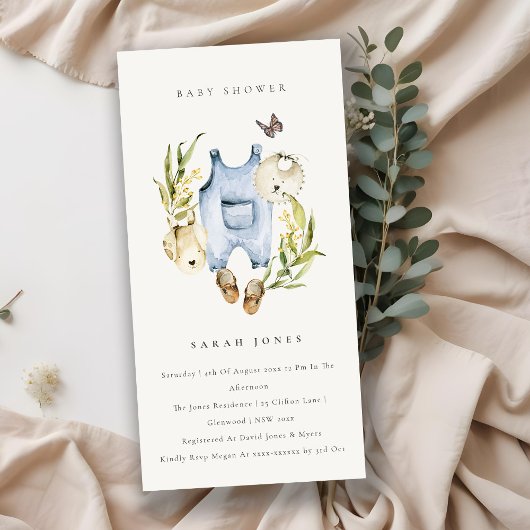 Blue Leafy Foliage Baby Clothes Baby shower Invite Bedankkaart