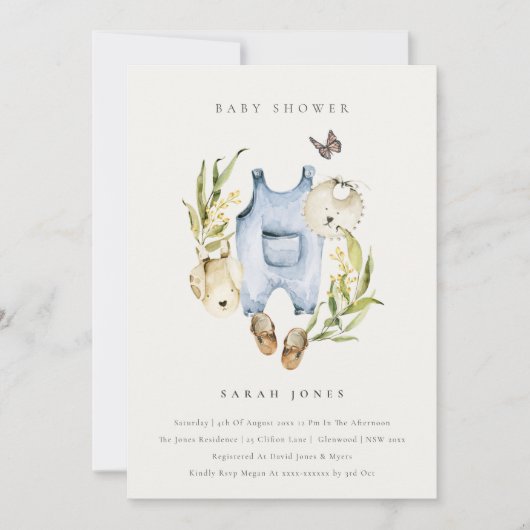 Blue Leafy Foliage Boy Clothes Baby shower Invite Bedankkaart (Voorkant)