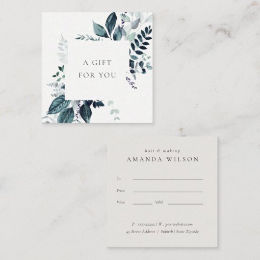 Blue Leafy Tropical Foliage Fern Gift Certificate Vierkante Visitekaartje (Voorkant / Achterkant)