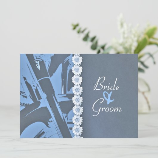 Blue Leather en Daisies Biker Wedding Invitation Kaart (Staand voorkant)