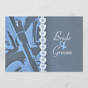 Blue Leather en Daisies Biker Wedding Invitation Kaart