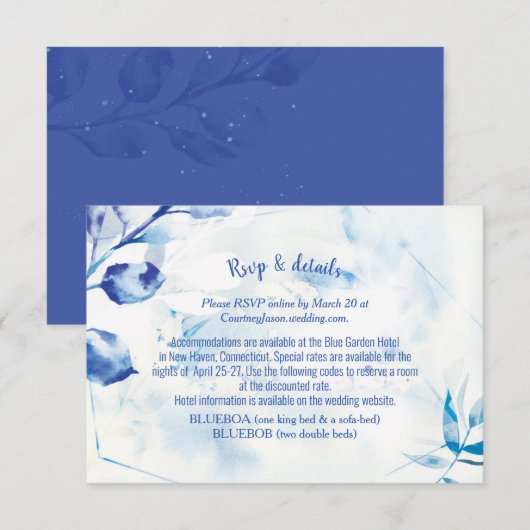 Blue Leaves Botanische bruiloft RSVP Online Kaart (Voorkant / Achterkant)