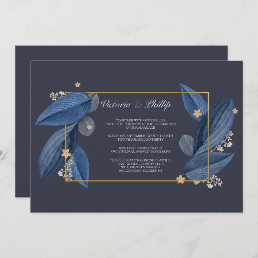 Blue Leaves bruiloft uitnodiging (Voorkant / Achterkant)