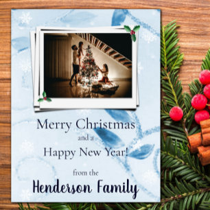 Blue Leaves Flat Holiday-fotokaart Feestdagenkaart