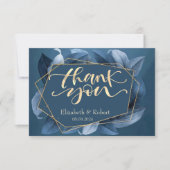 Blue Leaves Gold Lijst Bruiloft Dank u Kaart (Voorkant)