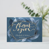 Blue Leaves Gold Lijst Bruiloft Dank u Kaart (Staand voorkant)