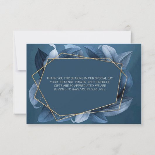 Blue Leaves Gold Lijst Bruiloft Dank u Kaart (Achterkant)