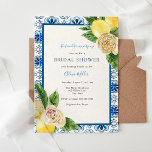 Blue Lemon Bridal Shower Invitation Kaart<br><div class="desc">Leuke bruids doucheuitnodiging met een blauw mozaïekrand met waterverf groen en citroenen. Pas aan met uw informatie voor de bruid te zijn. Overeenkomende items beschikbaar in de Adore Paper Co. shop op Zazzle.</div>