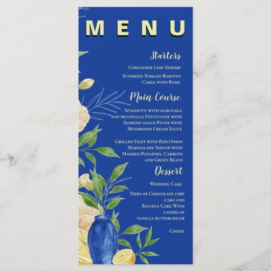 Blue Lemon Floral Mediterraan Huwelijksfeest Menu (Voorkant)