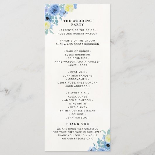 Blue Lemon Mediterranean Ceremony Programmakaart (Achterkant)