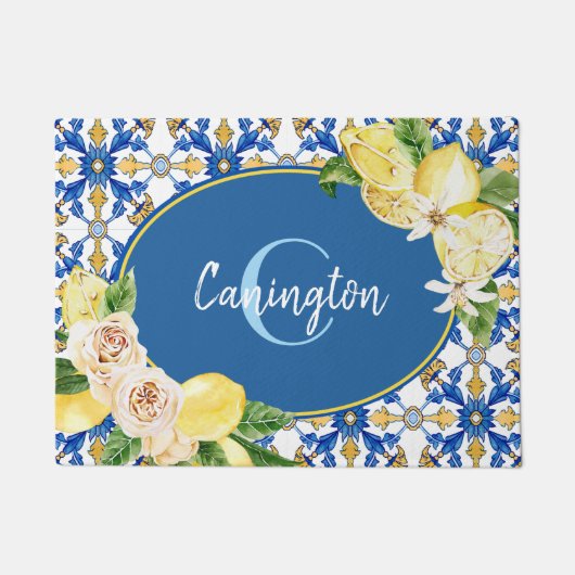 Blue Lemon Mediterranean Monogram Name New Home Do Deurmat (Voorkant)