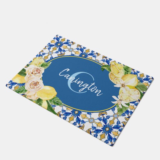 Blue Lemon Mediterranean Monogram Name New Home Do Deurmat (Schuin)