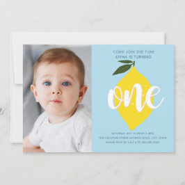 Blue Lemon Photo First Birthday Invitation Kaart