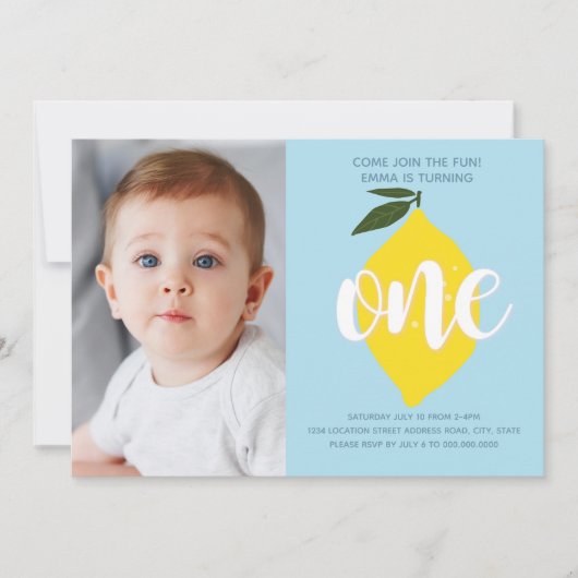 Blue Lemon Photo First Birthday Invitation Kaart (Voorkant)