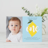 Blue Lemon Photo First Birthday Invitation Kaart (Staand voorkant)