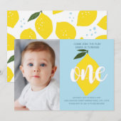 Blue Lemon Photo First Birthday Invitation Kaart (Voorkant / Achterkant)