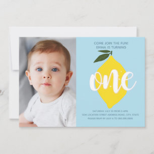 Blue Lemon Photo First Birthday Invitation Kaart