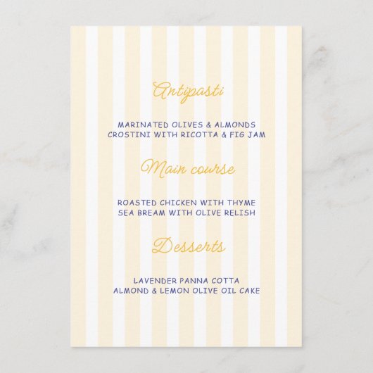 Blue & Lemon Striped Mediterranean Wedding Menu  (Achterkant)