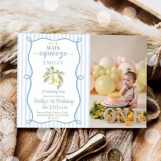 Blue Lemonade Birthday Photo Invitation Kaart