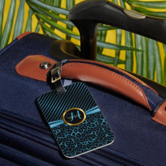 Blue Leopard Animal Pattern - Monogram Bagagelabel (Voorkant Insitu 1)