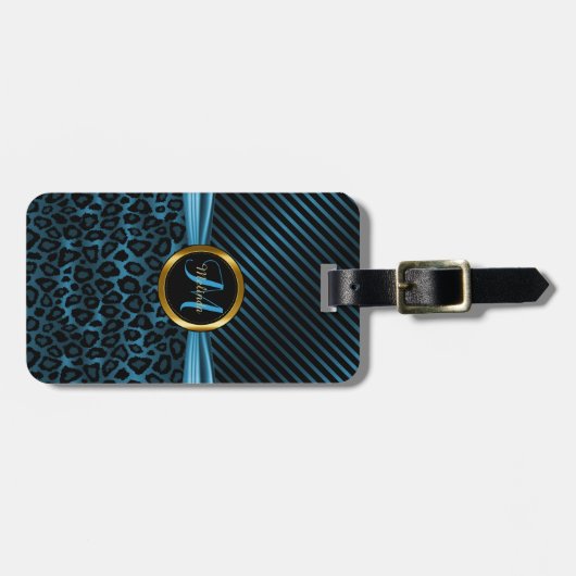 Blue Leopard Animal Pattern - Monogram Bagagelabel (Voorkant horizontaal)