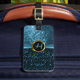 Blue Leopard Animal Skin and Glitter - Monogram Bagagelabel