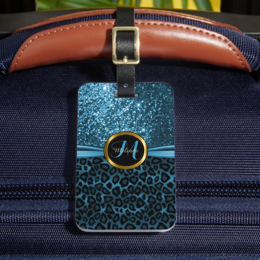 Blue Leopard Animal Skin and Glitter - Monogram Bagagelabel (Voorkant Insitu 2)