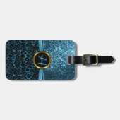 Blue Leopard Animal Skin and Glitter - Monogram Bagagelabel (Voorkant horizontaal)