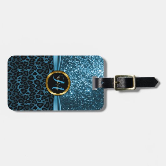 Blue Leopard Animal Skin and Glitter - Monogram Bagagelabel (Voorkant horizontaal)