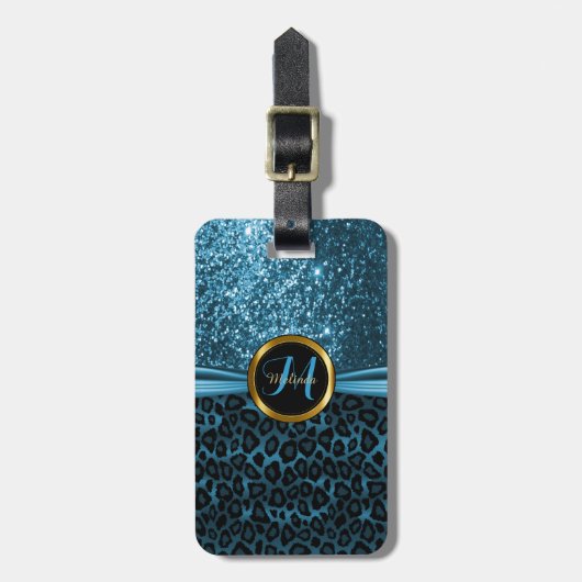 Blue Leopard Animal Skin and Glitter - Monogram Bagagelabel (Voorkant verticaal)