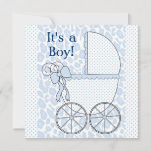 Blue Leopard Baby Carriage Baby Shower Kaart