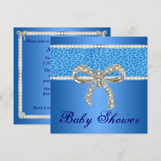 Blue Leopard Diamond Bow Baby shower Invitation Kaart (Voorkant / Achterkant)